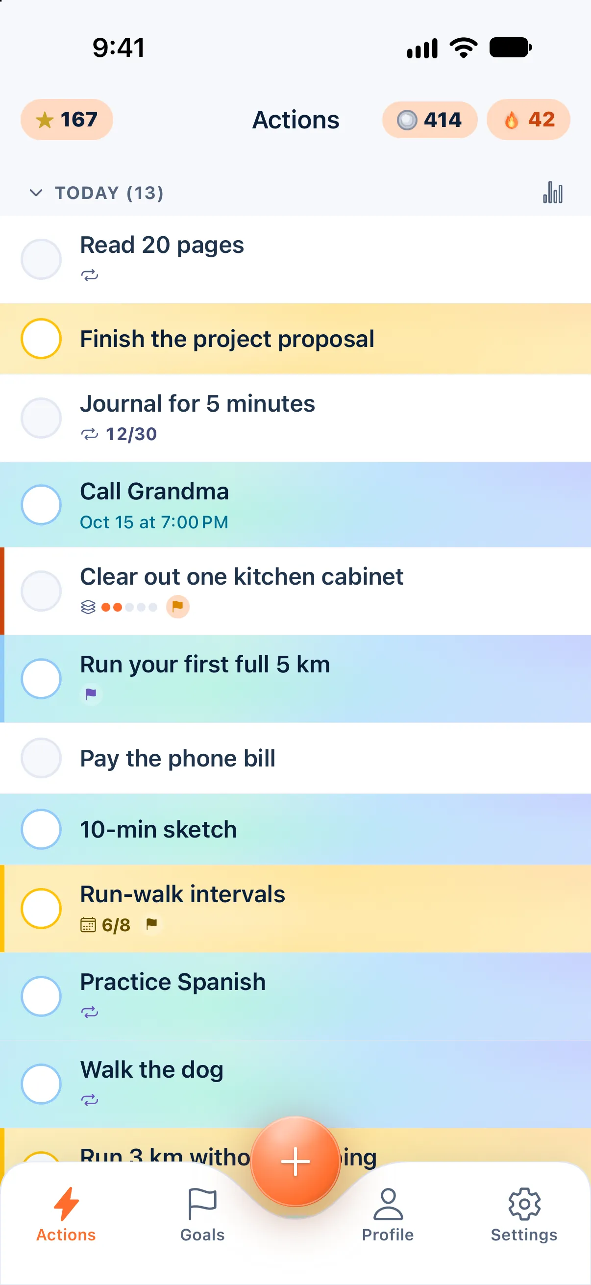 ActionReward’s Actions tab: Today (13) lists Read 20 pages, Finish the project proposal, Journal for 5 minutes (12 of 30 done), Call Grandma (Oct 15 at 7:00 PM), Pay the phone bill and more; repeating actions show a repeat icon.