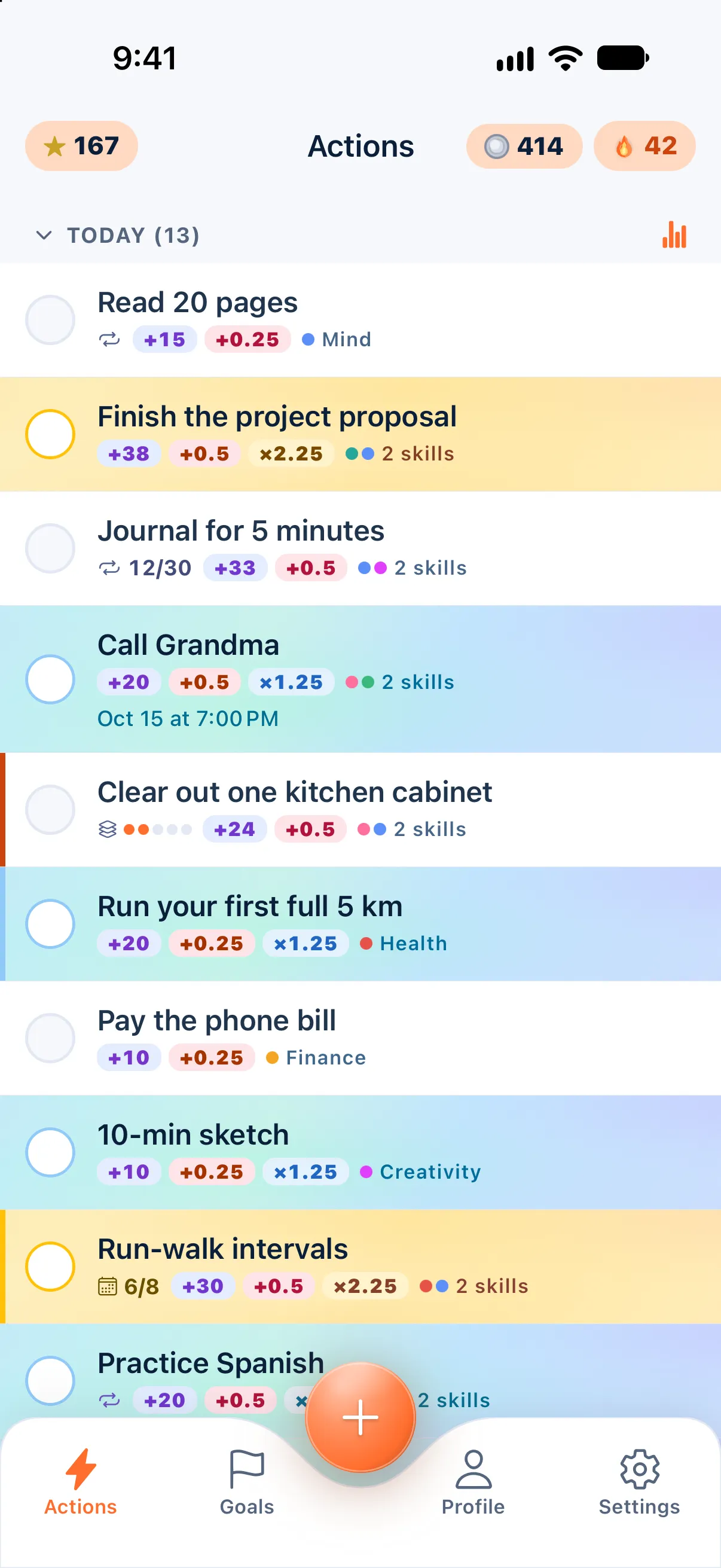 The ActionReward Actions list with the stats pinned: each row shows its Chips, +Mult and skills. Bonus rows show ×1.25 and Gold rows ×2.25, like “Finish the project proposal”: +38, +0.5, ×2.25.