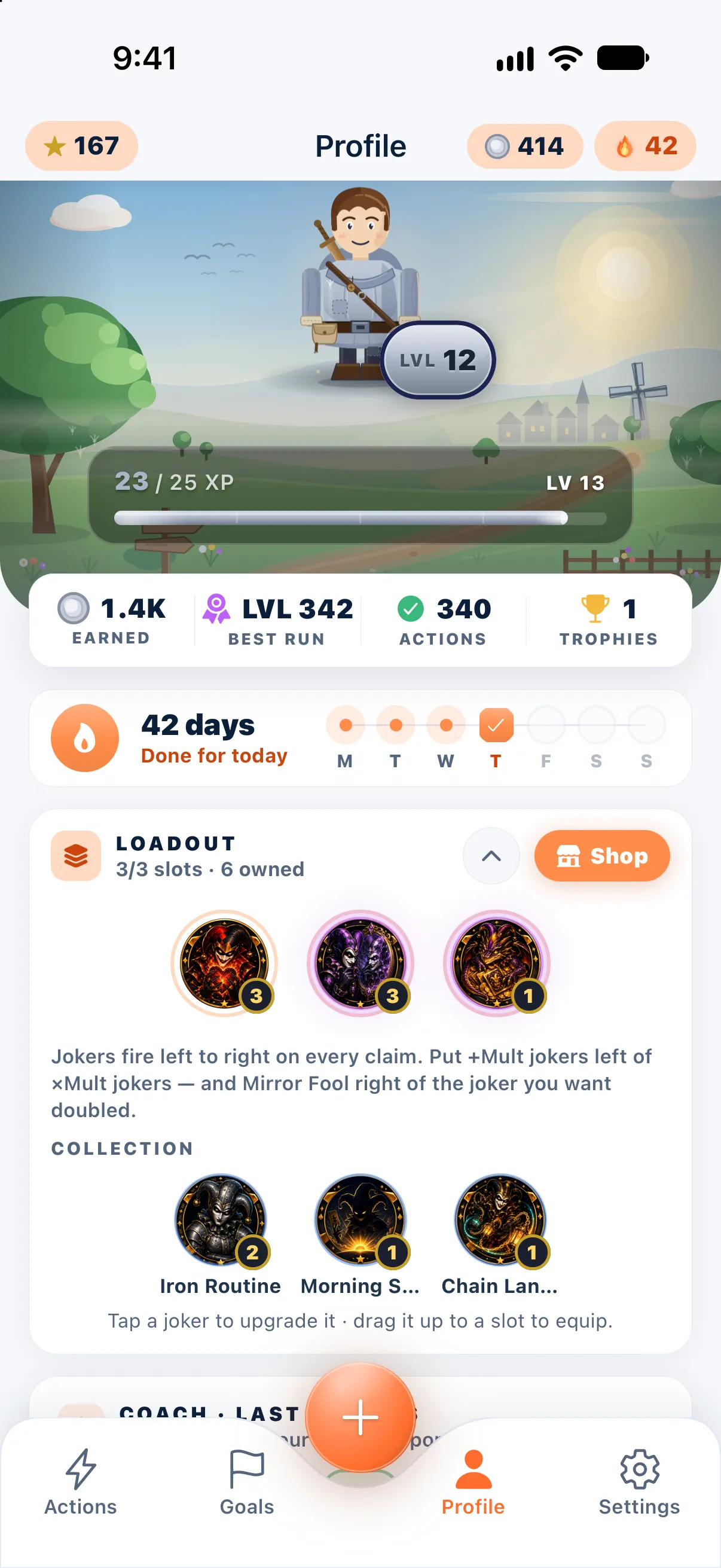 Profile: the hero at level 12, 1.4K Silver earned, 340 actions, a 42-day streak, and a full Joker loadout, 3 of 3 slots, with the collection below.