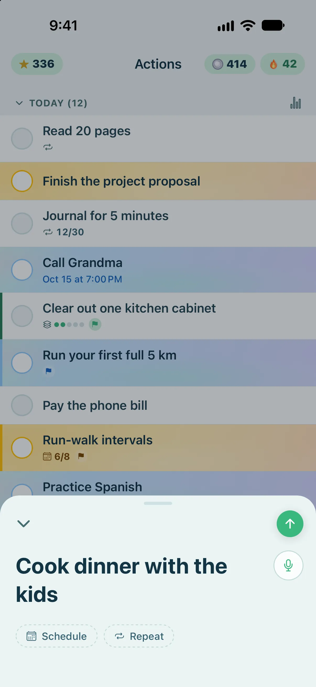 The new-action sheet over Today’s list: “Cook dinner with the kids” typed in, with Schedule and Repeat buttons, a microphone for dictation and a send button.
