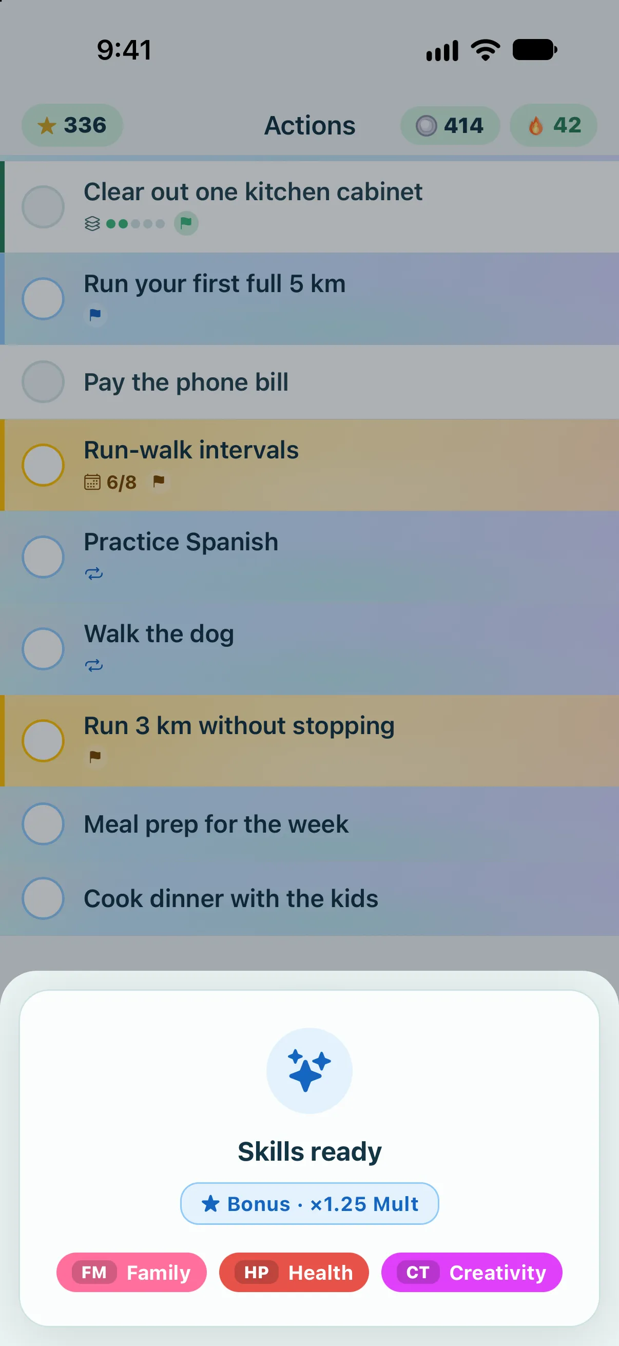 Skills ready for the new action “Cook dinner with the kids”: a Bonus ×1.25 Mult card and three crafted skills, Family, Health and Creativity.