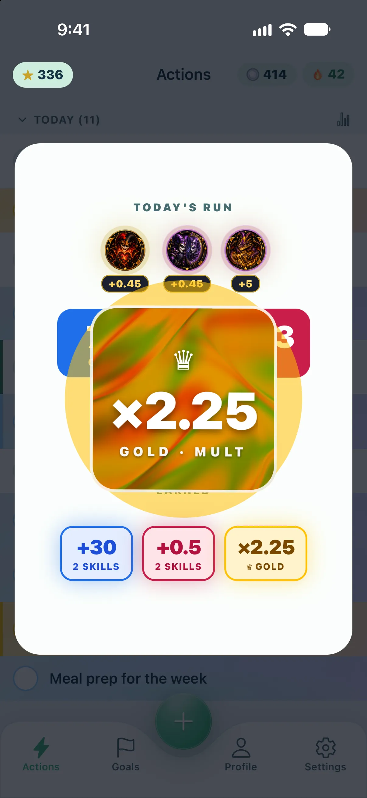 The reward page of a Gold claim: after +30 Chips, +0.5 Mult and three Jokers, a big ×2.25 Gold · Mult card lands on the day’s score.
