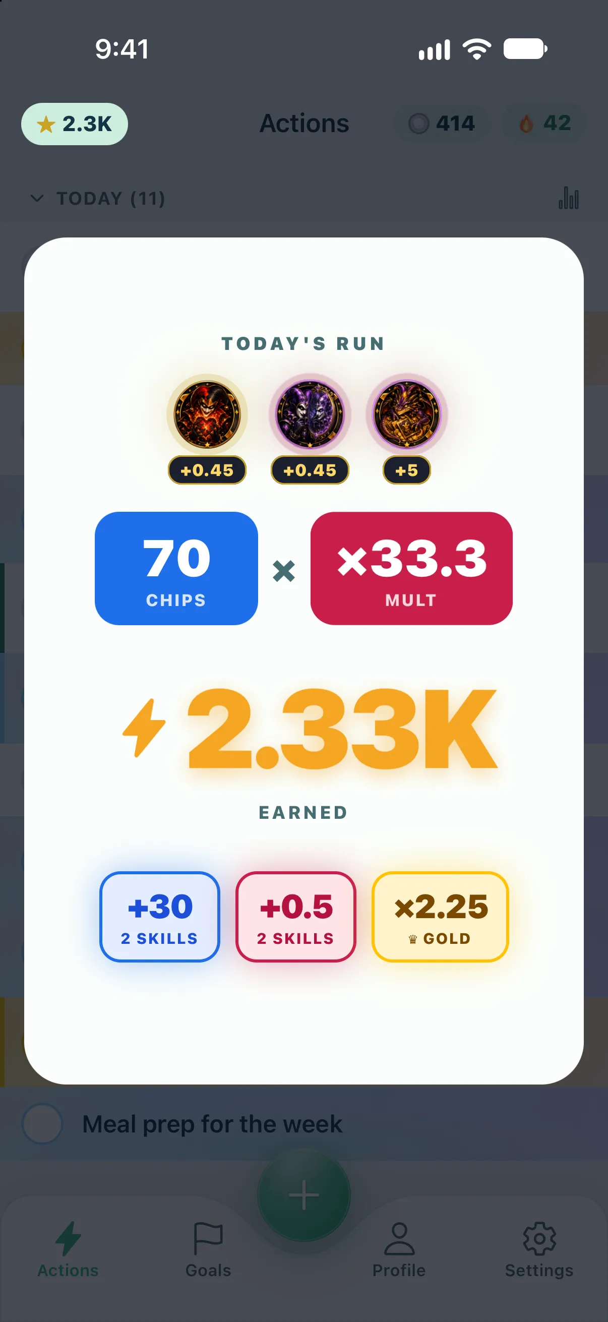 The reward page for a Gold action: the Jokers fire, today’s run reads 70 Chips × 33.3 Mult = 2.33K earned, and the claim adds +30 Chips, +0.5 Mult and ×2.25 Gold.