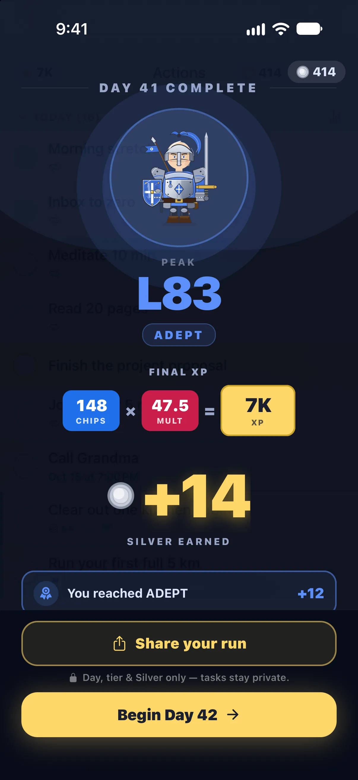 The next-morning recap: Day 41 complete, peak level 83 (Adept), 148 Chips × 47.5 Mult = 7K XP, and +14 Silver earned.