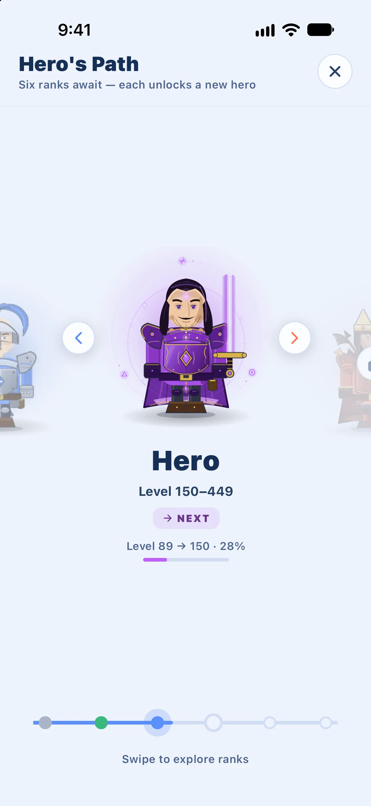 Hero’s Path, open on the Hero rank: Level 150–449, marked Next, with Level 89 → 150 · 28%: today’s run is 28% of the way from Adept to Hero.