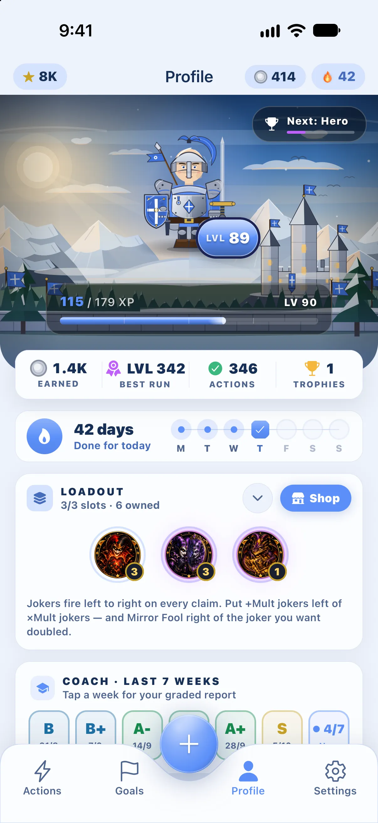 Profile: the Adept knight at LVL 89, a 42-day streak marked Done for today, and a full loadout, 3 of 3 slots.