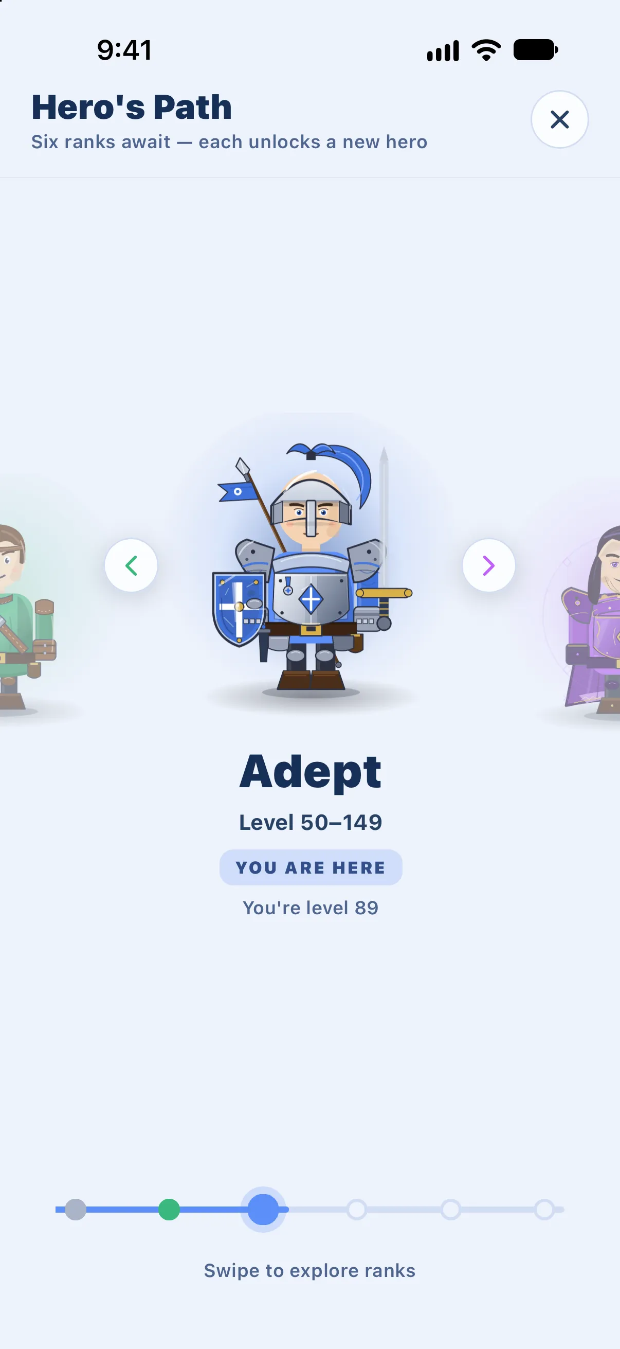Hero’s Path on the Adept page: Level 50–149, You are here, You’re level 89, with the neighbouring ranks’ characters at the edges.