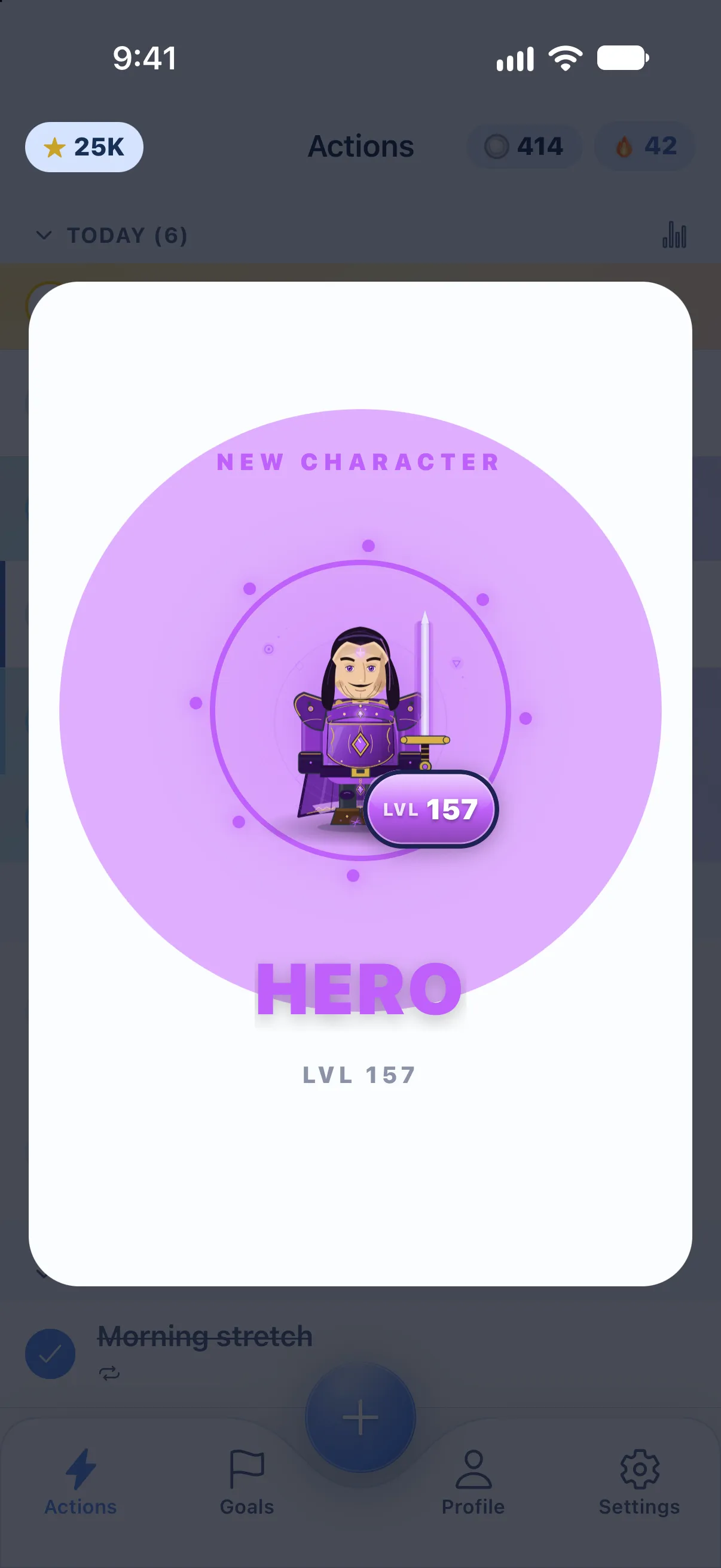 New Character: the Hero, a knight in purple, at LVL 157, shown over the Actions list.