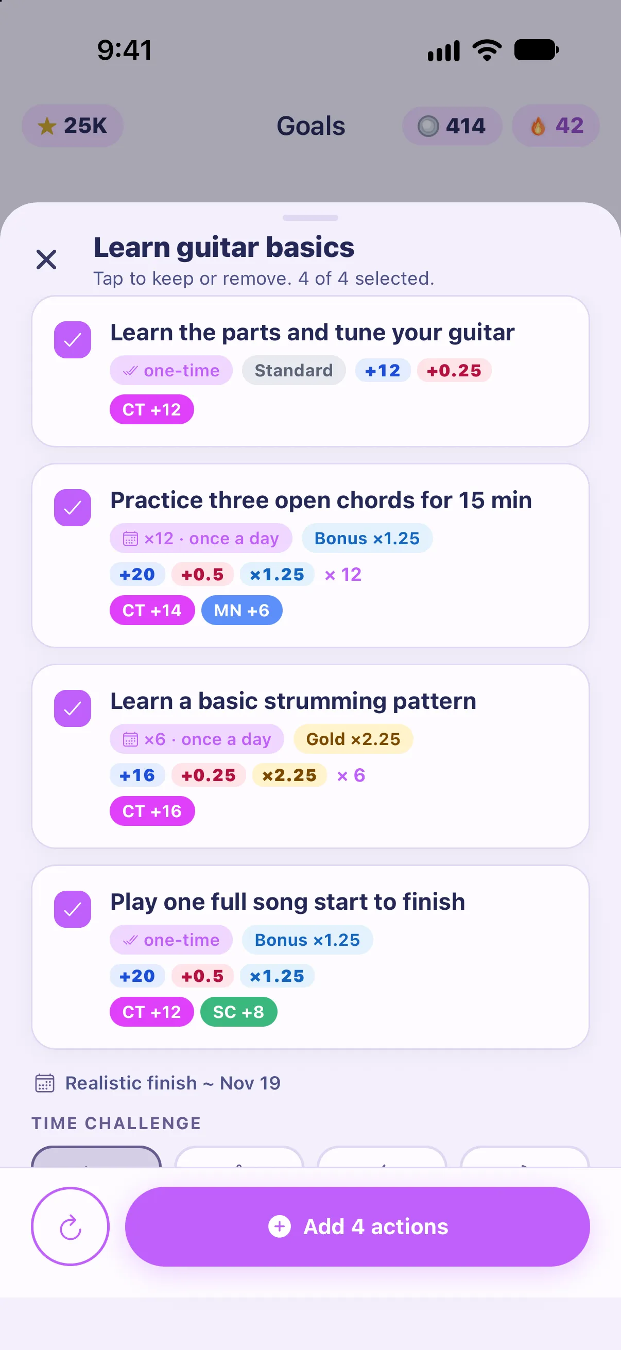 A Smart Goal draft, “Learn guitar basics”, broken into four ready-to-go actions, with a realistic finish around Nov 19 and a time challenge.