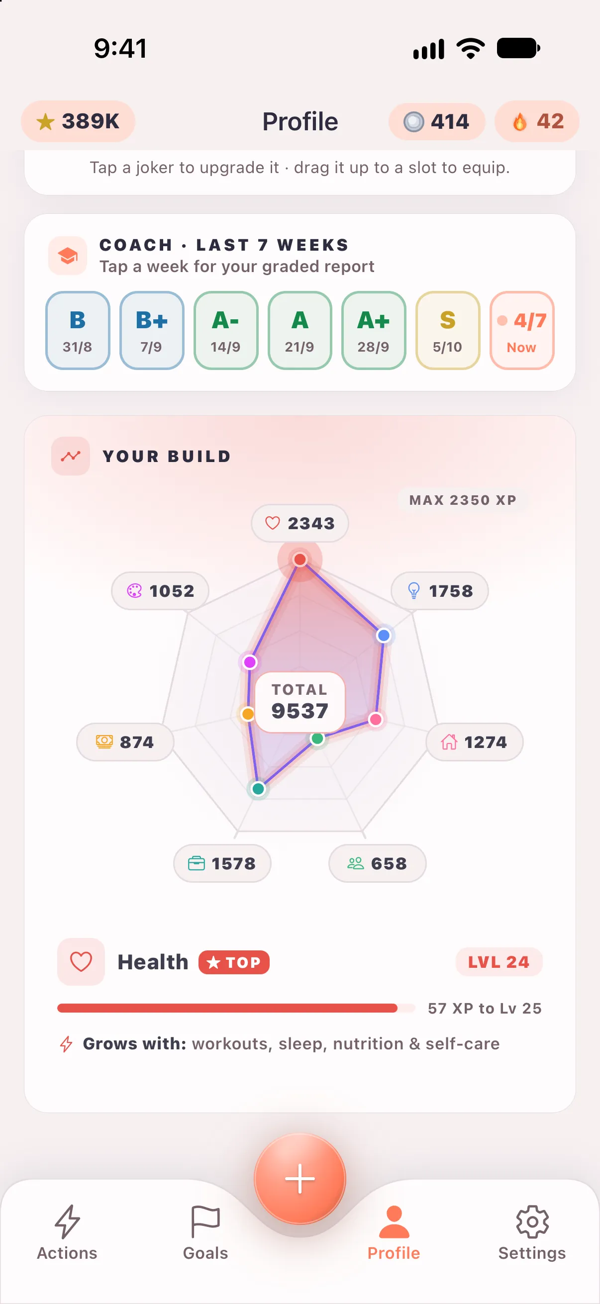 Profile, Your Build: the seven-skill radar with 9,537 XP in total, and Health on top at level 24, 57 XP from level 25, growing with workouts, sleep, nutrition & self-care.