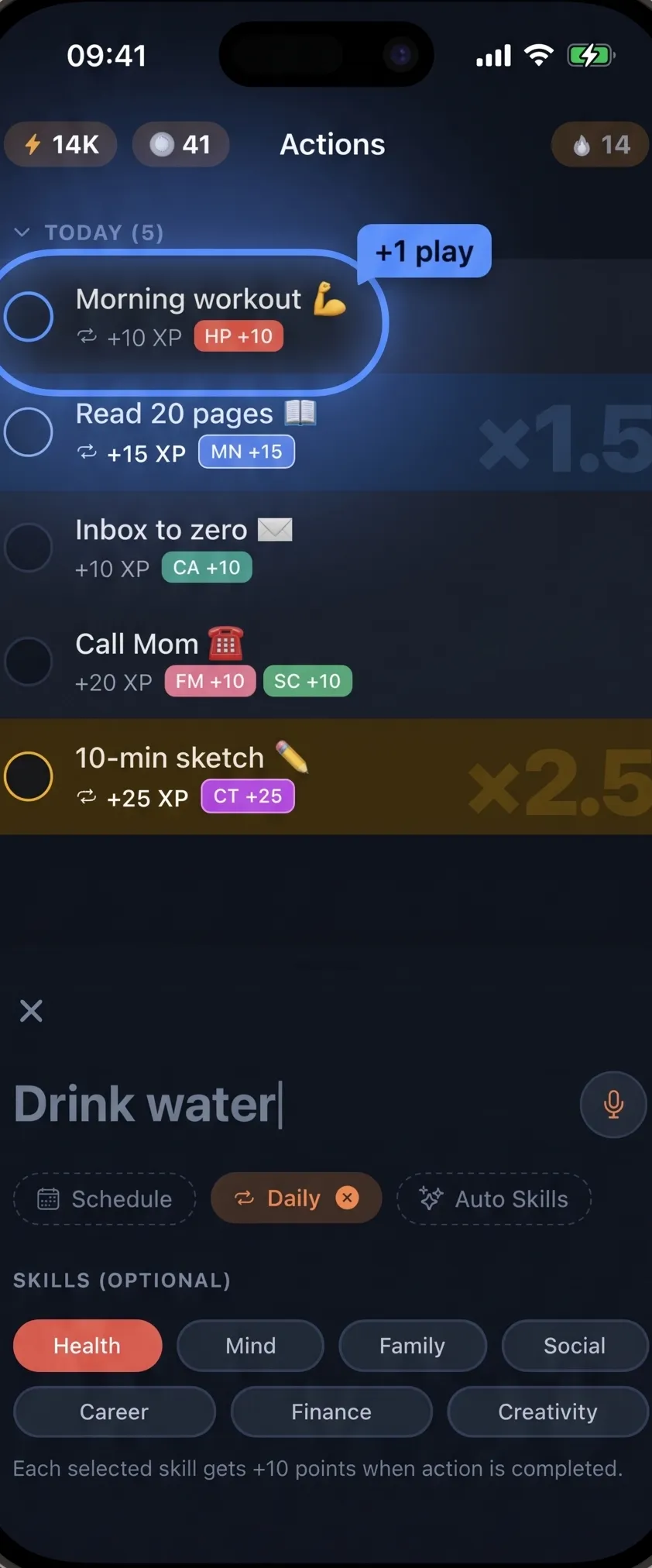 ActionReward Actions screen: the day’s tasks with XP rewards, multiplier highlights and skill tags.