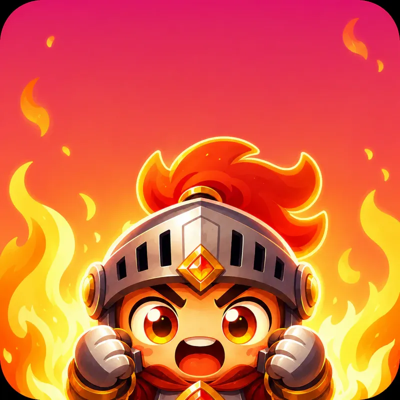 The widget’s fire look: a little knight in a visored helmet, fists up, in flames.