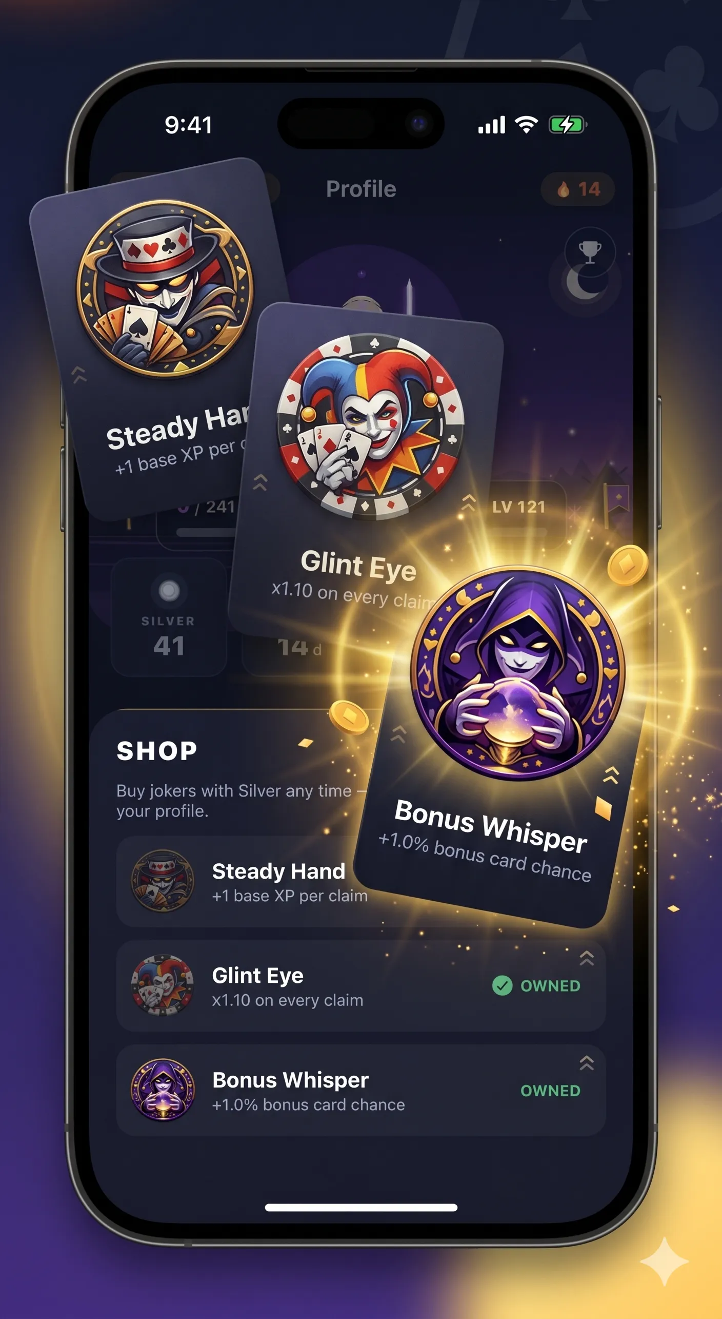 ActionReward Joker collection: the Steady Hand, Glint Eye and Bonus Whisper chips bursting out of the shop.