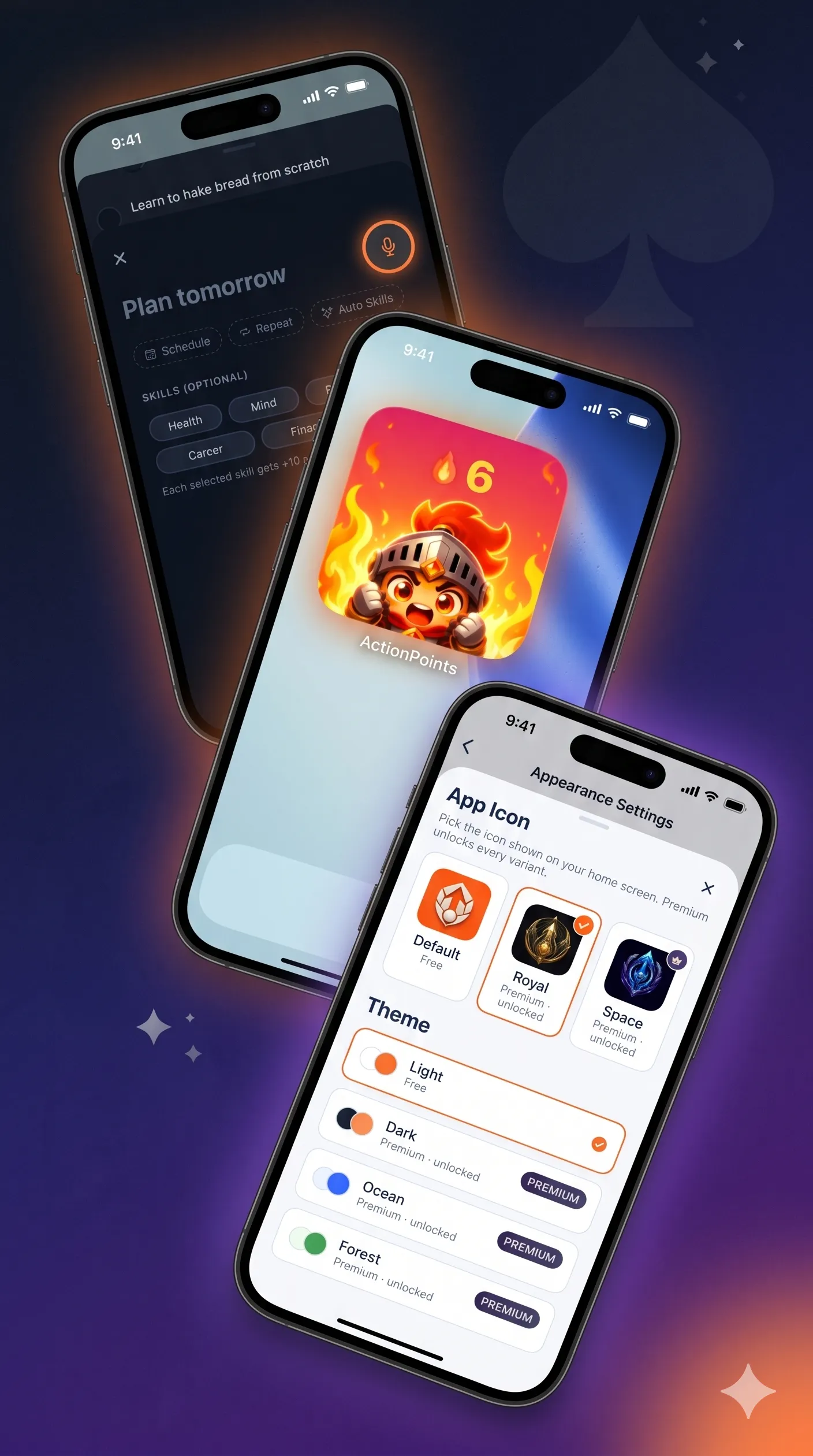 Premium personalisation in ActionReward: theme palettes, exclusive app icons and the home-screen streak widget.